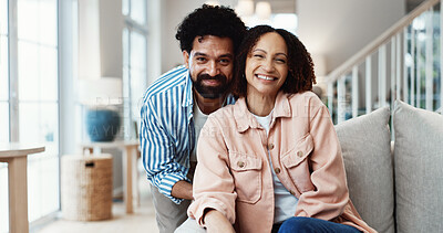 Buy stock photo Portrait, couple and relax in living room with smile, romantic love and bonding together on weekend. Happy, people and chill in house with relationship commitment, connection or support for companion