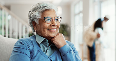 Buy stock photo Old woman, happy and thinking in home for nostalgia, history or positive past perspective in retirement. Person, pension or elderly with mindset, remember or memory with thoughts at family house