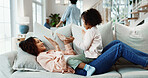 Fun, mom or girl on sofa with bonding, relax together or happy relationship for child growth. Childcare, smile or family in home with break, parenthood or playful connection in childhood development.