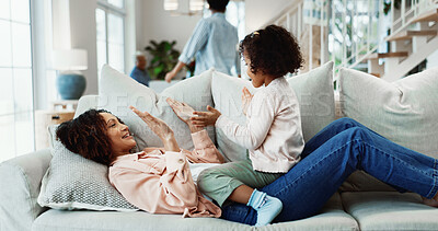 Buy stock photo Fun, mom or girl on sofa with bonding, relax together or happy relationship for child growth. Childcare, smile or family in home with break, parenthood or playful connection in childhood development.