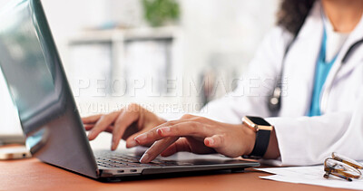 Buy stock photo Medical, review or hands in hospital with laptop, research or patient diagnosis in telehealth. Healthcare, woman or doctor in clinic with tech, online consulting or case report for treatment plan.