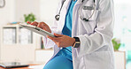 Medical, scroll and hands in hospital with tablet, research and patient diagnosis in telehealth. Healthcare, woman and doctor in clinic with tech, online consulting and case report for treatment plan