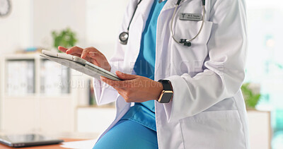 Buy stock photo Medical, scroll and hands in hospital with tablet, research and patient diagnosis in telehealth. Healthcare, woman and doctor in clinic with tech, online consulting and case report for treatment plan