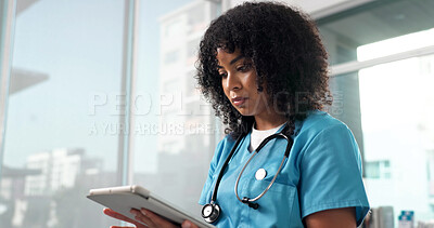 Buy stock photo Medical, admin and woman in hospital with tablet, research and patient diagnosis in telehealth. Healthcare, review or doctor in clinic with tech, online consulting or case report for treatment plan.