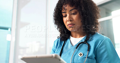 Buy stock photo Medical, reading and woman in hospital with tablet, research and patient diagnosis in telehealth. Healthcare, admin or doctor in clinic with tech, online consulting or case report for treatment plan.