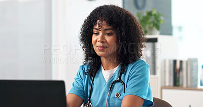 Buy stock photo Medical, reading and woman in hospital with laptop, research or patient diagnosis in telehealth. Healthcare, review and doctor in office with tech, online consulting or case report for treatment plan