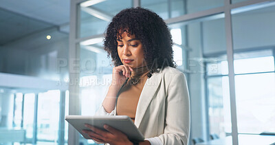 Buy stock photo Thinking, businesswoman and research with tablet in office, paralegal or reading information on web. Legal assistant, online and business person with technology, review and reflection in law firm
