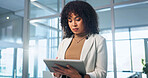 Scroll, research and woman with tablet in office, paralegal and planning for trial with information. Legal assistant, online and business person with technology, reading and investigation in law firm