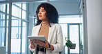 Thinking, businesswoman and smile with tablet in office, paralegal and trial information on website. Legal assistant, online and happy person with technology, research and reflection in law firm