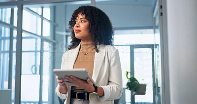 Buy stock photo Thinking, businesswoman and smile with tablet in office, paralegal and trial information on website. Legal assistant, online and happy person with technology, research and reflection in law firm