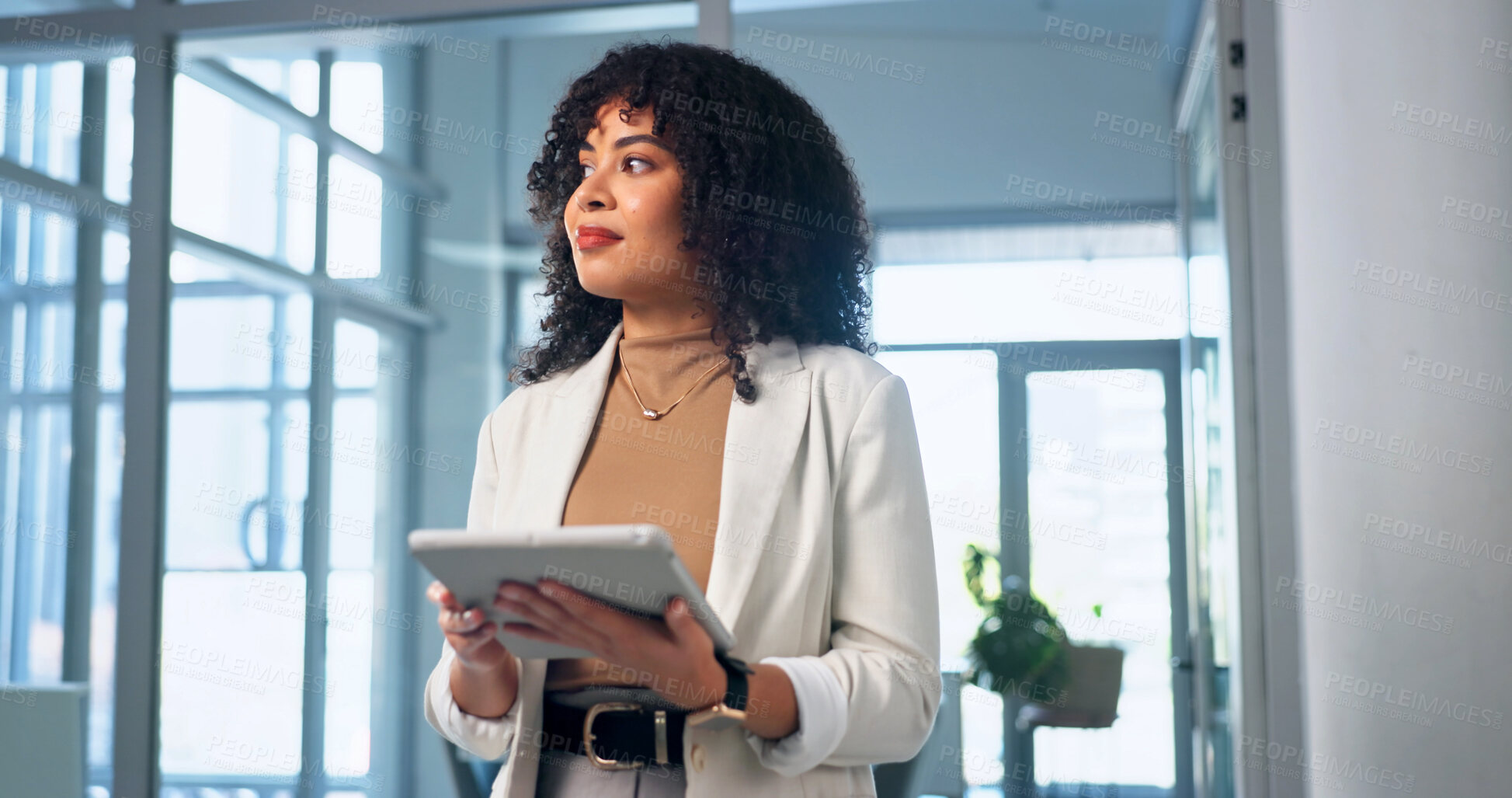 Buy stock photo Thinking, businesswoman and smile with tablet in office, paralegal and trial information on website. Legal assistant, online and happy person with technology, research and reflection in law firm