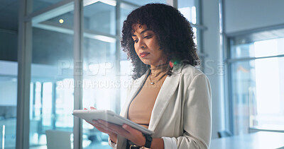 Buy stock photo Scroll, online and woman with tablet in business, paralegal and planning for trial with information. Legal assistant, reading and person with tech, research and browsing investigation in law firm