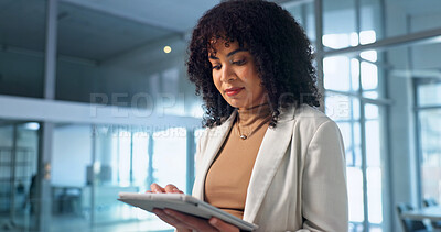 Buy stock photo Scroll, info and woman with tablet in office, paralegal and planning for trial with research on web. Legal assistant, reading and person with technology, online and browsing investigation in law firm