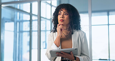 Buy stock photo Businesswoman, online and thinking with tablet in office, paralegal or trial information on website. Serious, legal assistant and person with tech for evidence, research and reflection in law firm