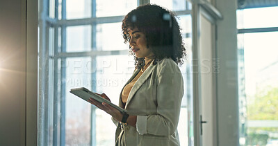 Buy stock photo Online, research and woman with tablet for law firm, paralegal or planning for trial with info. Legal assistant, reading and business person with technology, scroll and evidence for case on web