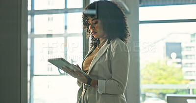 Buy stock photo Scroll, research and woman with tablet for law firm, paralegal or planning for trial with information. Legal assistant, reading and business person with technology, online or evidence for case on web