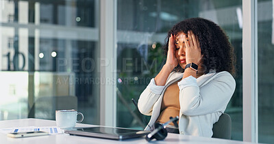 Buy stock photo Headache, call center and woman in office at night with burnout, fatigue or pressure for query. Stress, laptop and technical support consultant with migraine for crm, voip system or customer service.