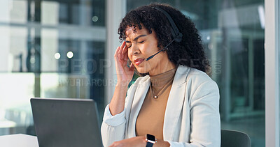 Buy stock photo Stress, customer service and woman with laptop at night with burnout, fatigue or pressure in office.  Mic, computer and technical support consultant with headache for crm, voip system or call center.
