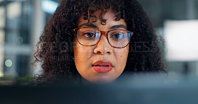 Buy stock photo Glasses, reading and businesswoman in office at night for finance report for investment planning. Research, technology and financial manager with email update on revenue growth deadline in workplace.