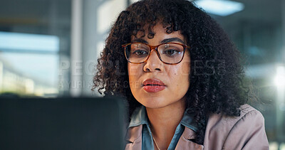 Buy stock photo Glasses, research and businesswoman with computer in office for finance report for investment planning. Reading, technology and financial manager with email update on revenue growth in workplace.
