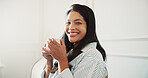 Portrait, morning and happy woman with coffee in bedroom for warm beverage, comfort or break. Female person, relax and smile with cup or bug in pajamas for drink, weekend rest or holiday in house