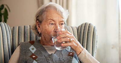Buy stock photo Wellness, glass or old woman in home with drinking water, h2o or detox in senior routine. Refreshment, hydration and elderly person with beverage, mineral liquid and digestion support in retirement.