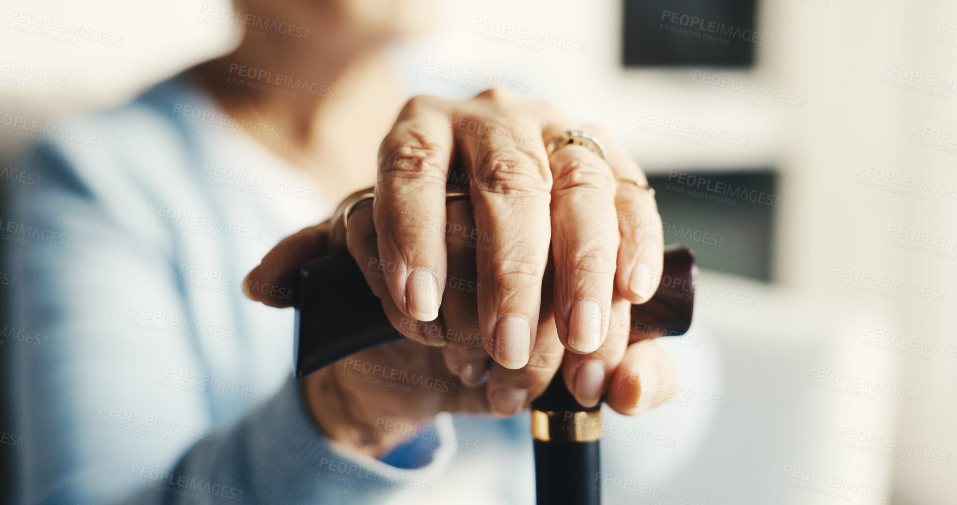 Buy stock photo Hands, cane and old woman with disability, injury and mobility aid for support in retirement house. Arthritis, patient or senior person in nursing home with walking stick, healing and rehabilitation.