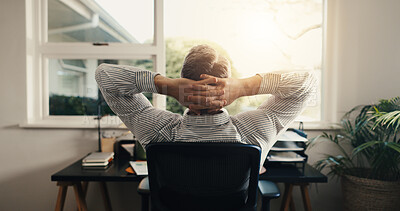 Buy stock photo Remote work, stretching and back of man in home with break, done and completed task for project. Deadline, relax and freelancer in house with window, job success or target reach in time management