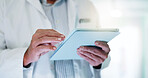 Doctor, hands and person with tablet for medical review, schedule report or check case study. Technology, man or healthcare worker in clinic for electronic records, history or insurance information