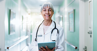 Buy stock photo Medical, portrait or woman in hospital with tablet, physician or pride as general practitioner. Ambition, happy or mature doctor with tech, surgeon confidence or about us in healthcare profession.