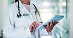 Doctor, hands and woman with tablet for healthcare research, schedule report or check case study. Tech, person and medical worker in clinic for electronic records, assessment update or insurance info