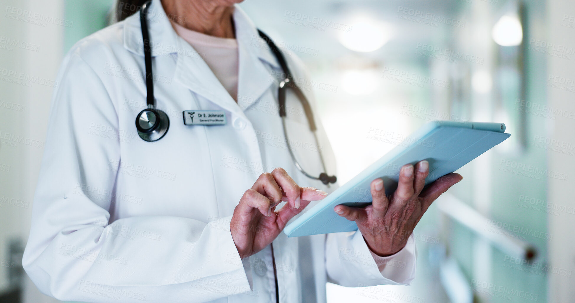 Buy stock photo Doctor, hands and woman with tablet for healthcare research, schedule report or check case study. Tech, person and medical worker in clinic for electronic records, assessment update or insurance info