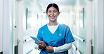 Medical, portrait and doctor in hospital with tablet, physician and pride as general practitioner. Ambition, happy or woman in lobby with tech, surgeon confidence or about us in healthcare profession