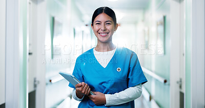Buy stock photo Medical, portrait and doctor in hospital with tablet, physician and pride as general practitioner. Ambition, happy or woman in lobby with tech, surgeon confidence or about us in healthcare profession