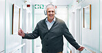 Fun, dancing or old man in center with headphones, music streaming or listening to sound track. Happy, rhythm or elderly person with tech, feeling beat or radio subscription in retirement home.