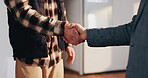 Handshake, deal and businessman with contractor in office for renovation, building or repairs agreement. Meeting, welcome and corporate employee shaking hands with foreman for workplace remodeling.