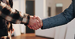 Handshake, agreement and businessman with contractor in office for renovation, building or repairs deal. Meeting, welcome and corporate employee shaking hands with foreman for workplace remodeling.