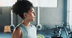 Thinking, smile and fitness with woman in gym for workout rest, reflection and sports athlete. Exercise, health progress and training with person in club for wellness, water break and vision