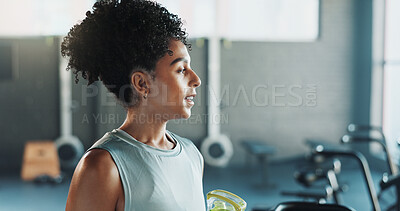Buy stock photo Thinking, smile and fitness with woman in gym for workout rest, reflection and sports athlete. Exercise, health progress and training with person in club for wellness, water break and vision