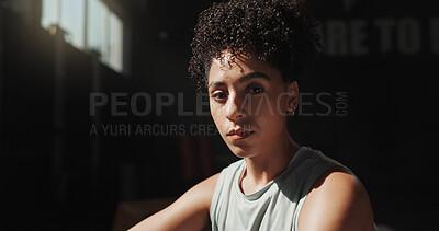 Buy stock photo Portrait, break and fitness with woman in gym for workout rest, hobby and sports athlete. Exercise, health progress and training with female person in club for wellness, body builder and recovery