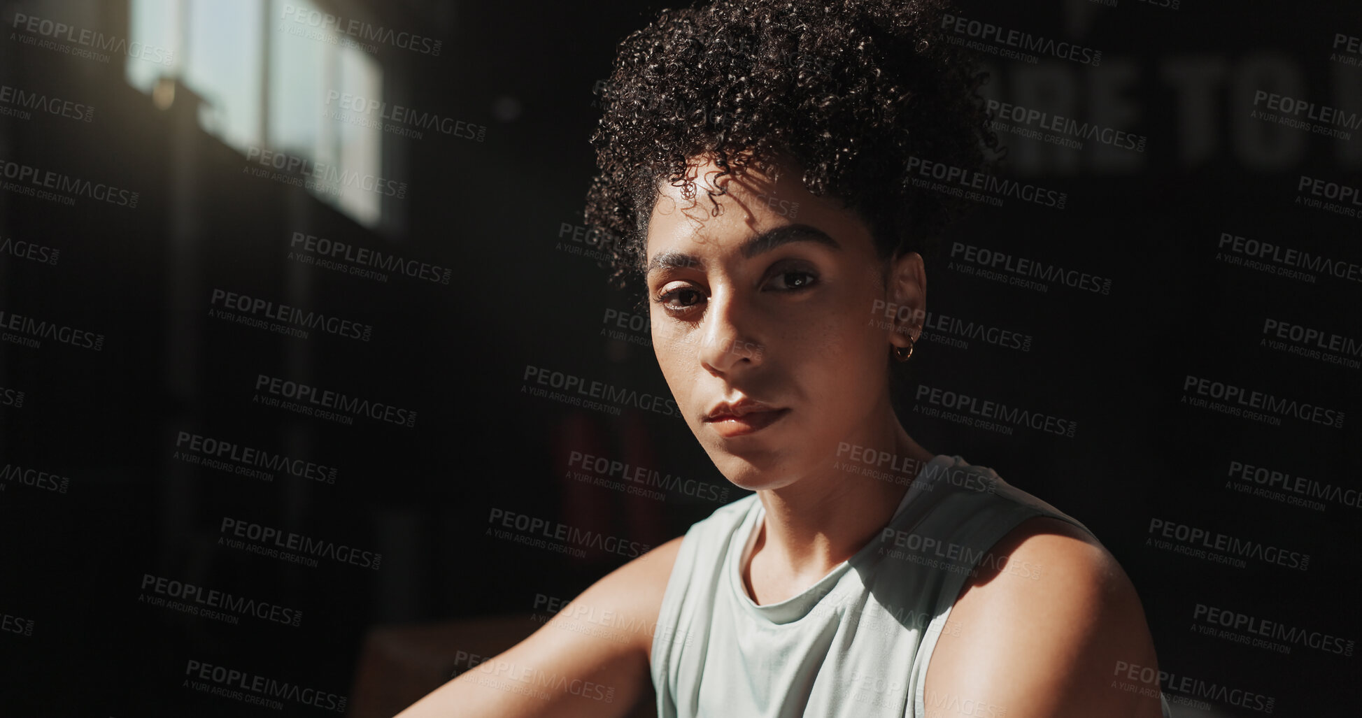 Buy stock photo Portrait, break and fitness with woman in gym for workout rest, hobby and sports athlete. Exercise, health progress and training with female person in club for wellness, body builder and recovery