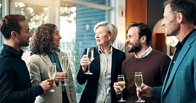 Buy stock photo Meeting, champagne and people with toast at law firm for celebration, trial success and court case. Office, happy and lawyer team with speech, drinks and alcohol for legal closure, victory and goals