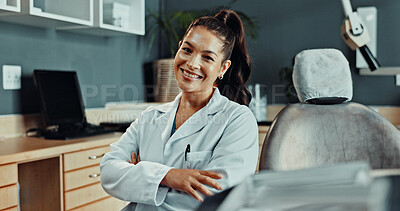Buy stock photo Portrait, dentist and happy woman with confidence in clinic for dental hygiene or healthcare. Female person, orthodontist or smile with arms crossed for oral service, teeth cleaning or treatment