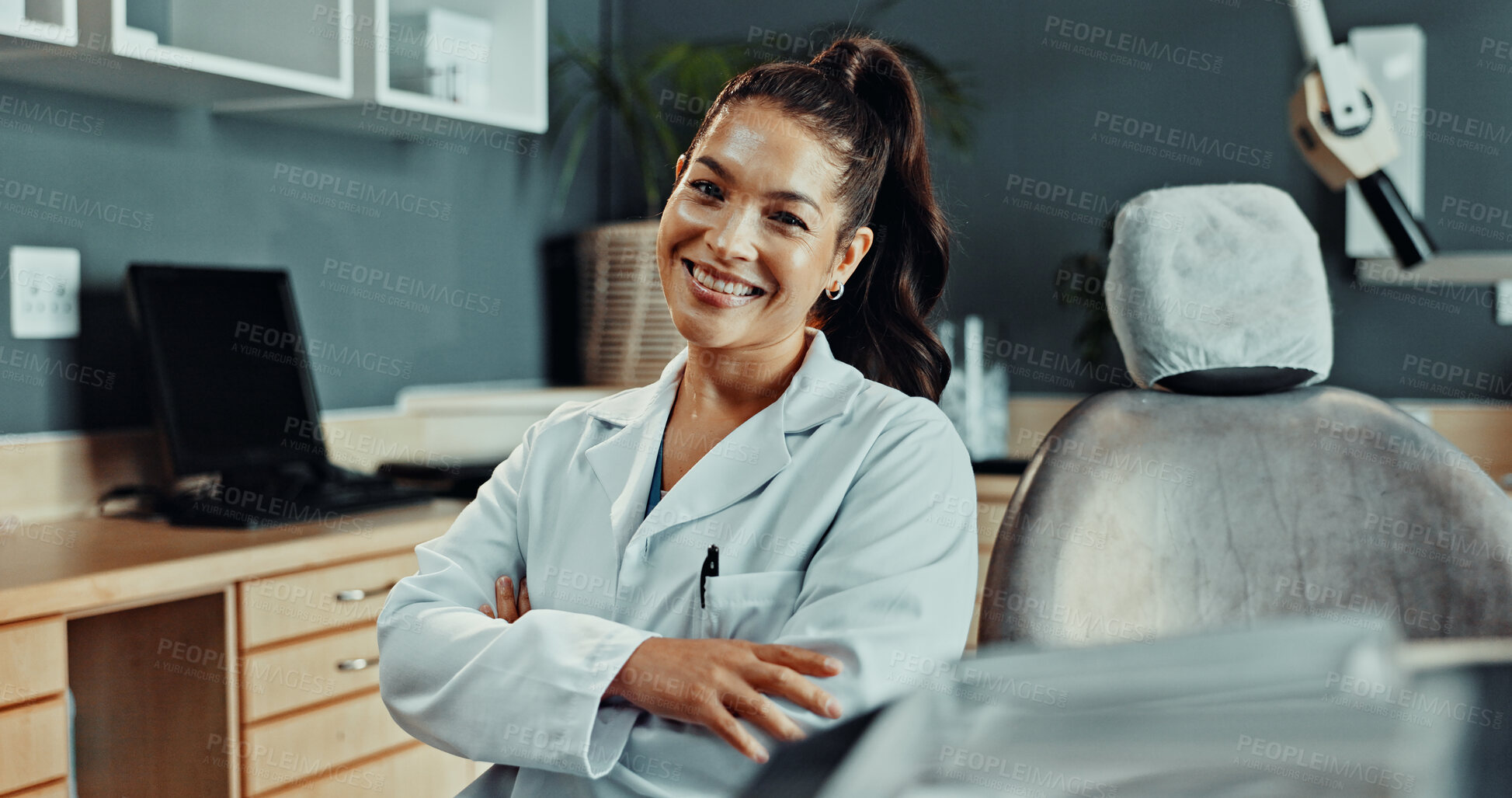 Buy stock photo Portrait, dentist and happy woman with confidence in clinic for dental hygiene or healthcare. Female person, orthodontist or smile with arms crossed for oral service, teeth cleaning or treatment