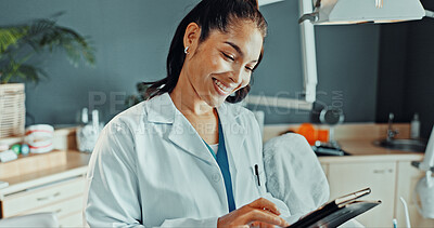 Buy stock photo Dentist, research and happy woman with tablet in clinic for dental appointment, schedule or report. Female person, orthodontist or checklist with technology or smile for medical results in hospital