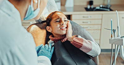 Buy stock photo Dentist, support and child with toothache in office, help and consultation for gum disease or cavity. Medical professional, people and kid with bacterial infection, oral care and discomfort in clinic