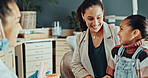 Mom, child and consultation with dentist in clinic for oral healthcare, treatment or hygiene. Mother, daughter or kid with smile or orthodontist for dental appointment, cleaning or gum care together