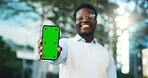Portrait, city and black man with phone screen for advertising or outdoor network connection. Male person, user or smile with mobile smartphone for marketing app or chromakey on mockup space in town