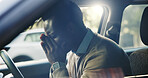 Anxiety, business and driving with black man in car for deadline, delay or traffic frustration. Breakdown, stress and worry with employee in vehicle for commute, transportation or travel problems