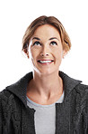 Thinking, smile and looking up with woman in studio with opinion, ideas or question for choice. Remember, decision and female person with planning, selection or why expression on white background